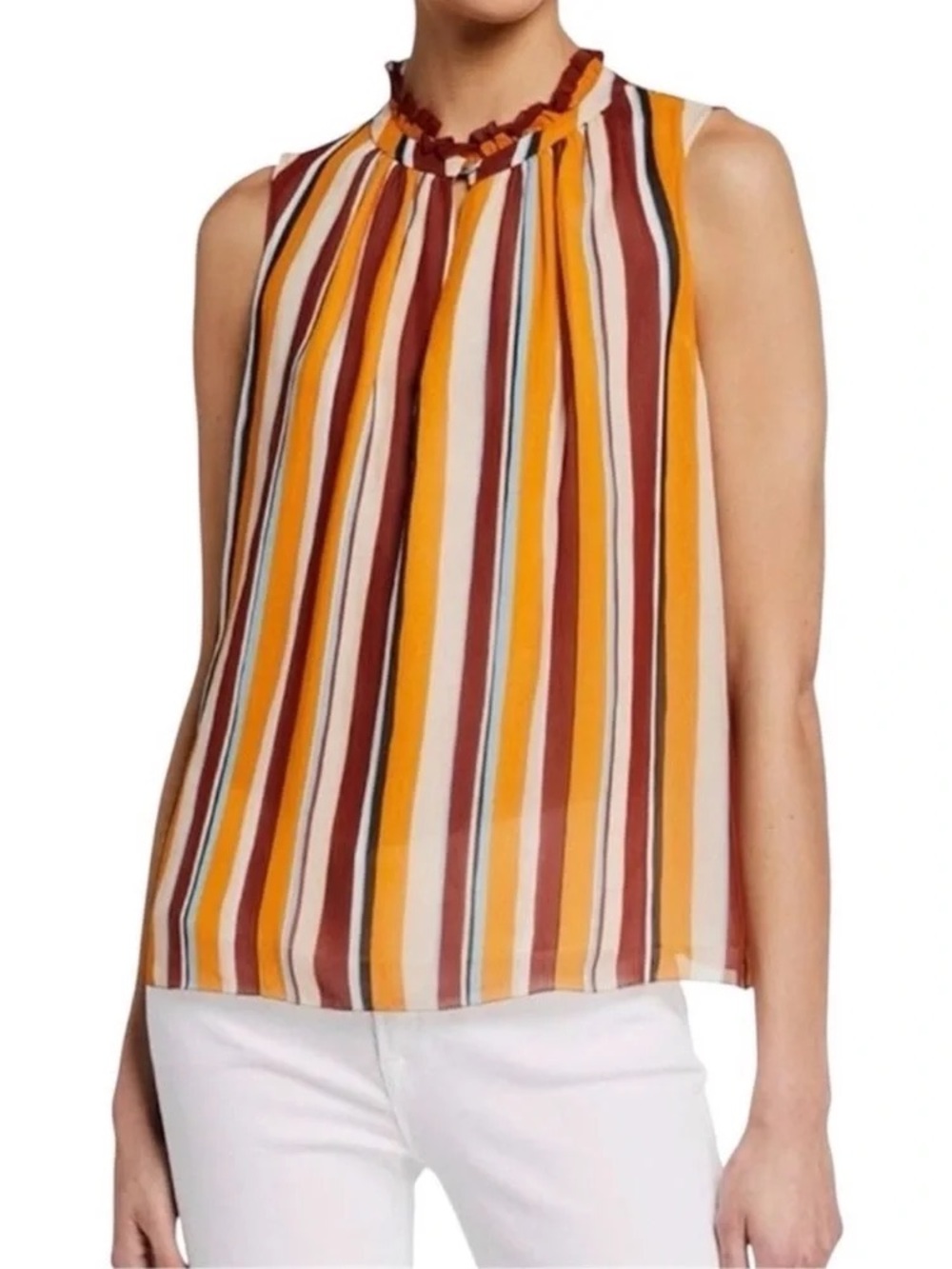 Frame NEW Silk Sleeveless Blouse Top Size XL Sunrise Multi Stripe Ruffle Neck